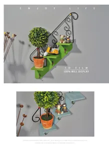 American vintage iron wood staircase wall shelf creative living room wall hanging decoration rack