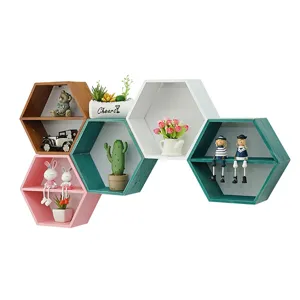 Hexagonal wooden wall shelves for living room bedroom wall mount storage display decor.