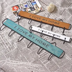 Wooden iron wall hook detail view, creative vintage key holder rack for home decor and storage.