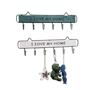 Wooden wall mounted coat hook key holder with 6 metal hooks for home entryway decor.