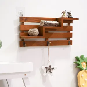 Creative wooden wall shelf with hooks, multi-layer hanging storage rack for home entry.