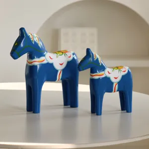 Nordic hand-painted wooden Dala horse ornaments, creative blue home decor set for living room.