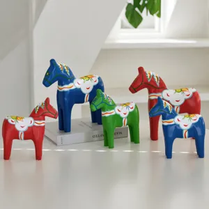 Hand-painted wooden Dala horse ornament set, Nordic folk art style home decor for gifts.