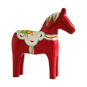 Hand-painted red wooden Dala horse figurine, Nordic vintage home decor ornament for table display.