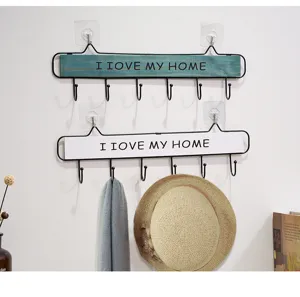 Wooden iron wall mount hooks rack with multiple hooks for hats keys coat storage home decor