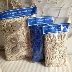 Mediterranean style decorative fishing net detail showing hemp rope and wooden float.