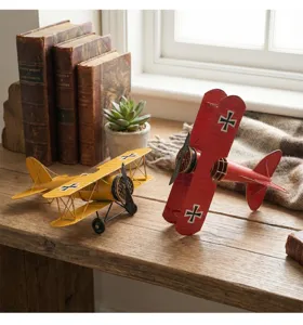 Retro metal biplane model desktop ornament vintage aircraft decor for home shelf and photo props