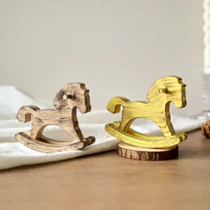 Wooden rocking horse desktop ornament, vintage style, solid wood decorative toy for kids.
