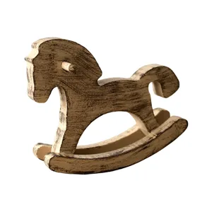 Wooden rocking horse toy, vintage distressed solid wood desktop ornament and kids cute decor.