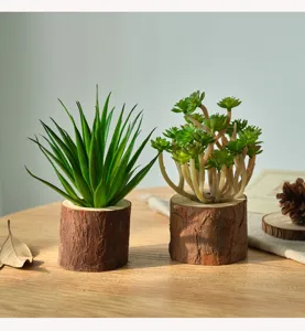 Wooden bark flower pot detail view, artificial succulent plant for rustic home desk decor.