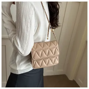 Chic beige quilted square crossbody bag with metal chain strap for women fashionable daily wear.