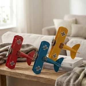 Retro metal airplane desktop ornament, vintage iron biplane home decor photography props