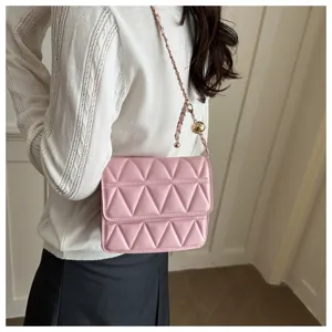 Pink quilted chain shoulder bag for women, stylish small square crossbody bag for summer.