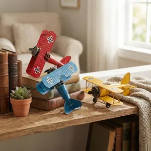 Vintage metal biplane airplane desktop ornament iron craft home decor photography props.