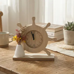 Wooden ship wheel desk clock with vase decoration, creative desktop ornament for home office.