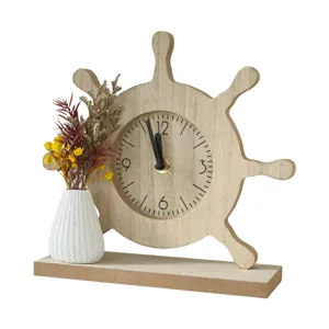 Wooden ship wheel table clock decorative ornament with dried flowers vase desk decor