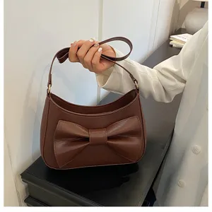 Elegant brown bow hobo shoulder bag for women, chic fashion underarm handbag with stylish design