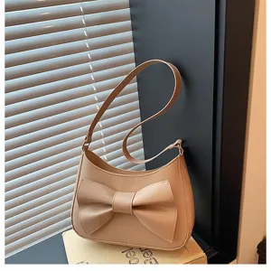 Beige shoulder bag for women, elegant hobo handbag with large bow, chic PU leather purse