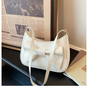 White bowknot underarm shoulder bag for women stylish daily casual handbag detail view