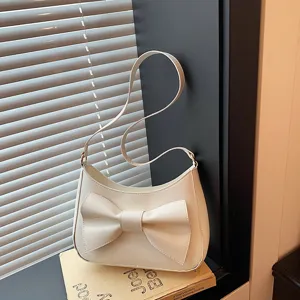 White bow underarm shoulder bag, elegant hobo handbag for women, chic trendy crossbody purse.