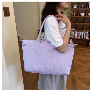 Light purple pleated tote bag for women casual shoulder bag large capacity travel handbag