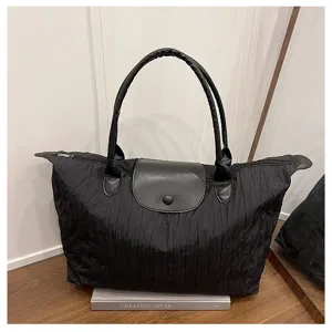 Black nylon folding tote bag large capacity casual travel shoulder bag with leather flap handle