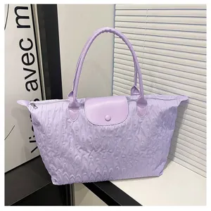 Light purple nylon folding tote bag large capacity casual travel shoulder bag for women