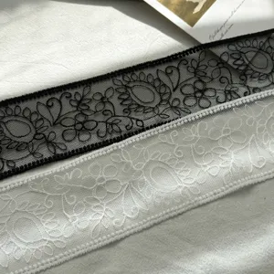 Gros plan de dentelle florale noire et blanche, broderie délicate pour couture et déco.