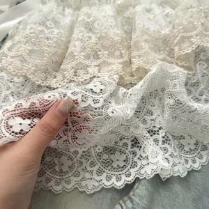 Double layer lace skirt extender fabric detail, hollow out floral lace trim design, soft touch.