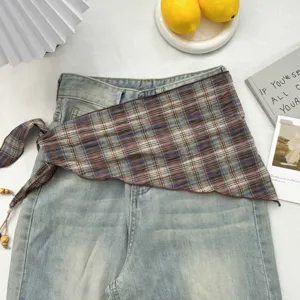 Koreanischer Vintage Karo Dreieckschal für Damen, schicker Lagenlook Taillenaccessoire.