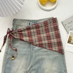 Koreanischer Vintage Karo Dreiecktuch Damen Fruehling Sommer atmungsaktiver Hueftwickel Schal