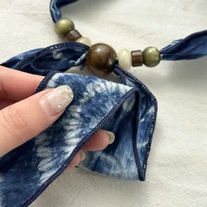 Vintage Chinese style tie-dye small silk scarf with exquisite beads for women summer fashion.
