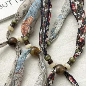Vintage floral beaded fabric neck scarf ribbon accessory for women spring fashion detail view
