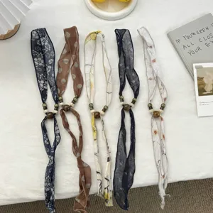 Chic floral print fabric narrow scarves with wooden bead charms, versatile spring hair and neck accessories.