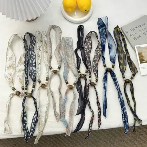 Chinese Style Vintage Ink Floral Polyester Scarf For Women Elegance Beaded Decoration Long Neck Scarf Narrow Ribbon Headband Small Silk Scarf Wrap Accessory