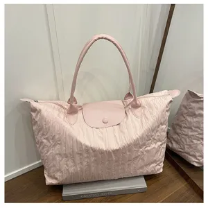 Pink pleated nylon tote bag, large capacity casual travel shoulder bag for women commuter.
