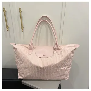 Pink pleated travel tote bag detail view, casual large capacity shoulder handbag