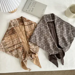 Retro ethnic botanical triangle scarf, unisex cotton autumn shawl, stylish stacked fashion neckerchief.