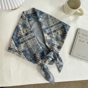 Vintage ethnic floral print triangular scarf, blue-grey stylish spring autumn neckerchief.