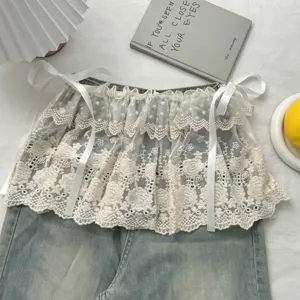 Dames Mode Kant Opengewerkte Rok Extender Veelzijdige Elastische Taille Rok Gordijn Beige Koreaanse Stijl Strik Lagen Minirok