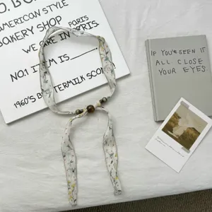 Retro floral printed beaded thin silk scarf ribbon women's versatile decorative neck accessory