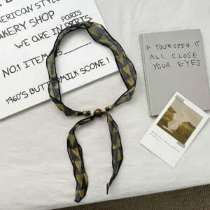 Retro geometric printed beaded small silk scarf, versatile hairband and neck decorative accessory.