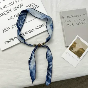 Blue tie-dye narrow silk scarf with retro wooden beads chic fashion neck accessory
