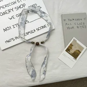 Retro blue floral print neck ribbon scarf with vintage bead charm for women spring summer.