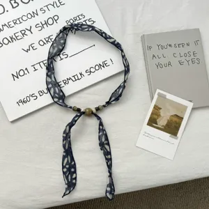 Floral print narrow silk scarf with beads retro neck accessory versatile styling detail view