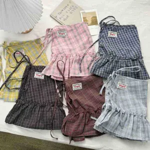 Women Plaid Ruffle Tiered Skirt Curtain High Waist A-Line Layering Skirt Wrap Preppy Style Cotton Color Block Bottom Wrap
