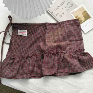 Plaid ruffle wrap skirt high waist vintage style skirt extender detail shot showing fabric.