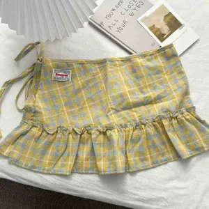 Plaid ruffle wrap mini skirt vintage college style high waist tiered short skirt for women