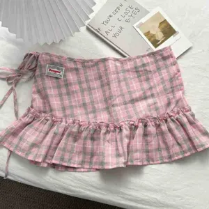 Pink and grey plaid ruffle wrap skirt detail, high waist aesthetic layered mini skirt.