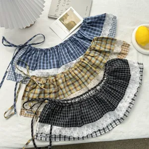 French Vintage Plaid Cotton Shirt Extender For Women Double Layer Patchwork Mini A Line Layering Skirt With Lace Trim